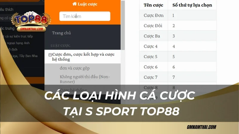 Các loại hình cá cược thể thao tại S Sport Top88